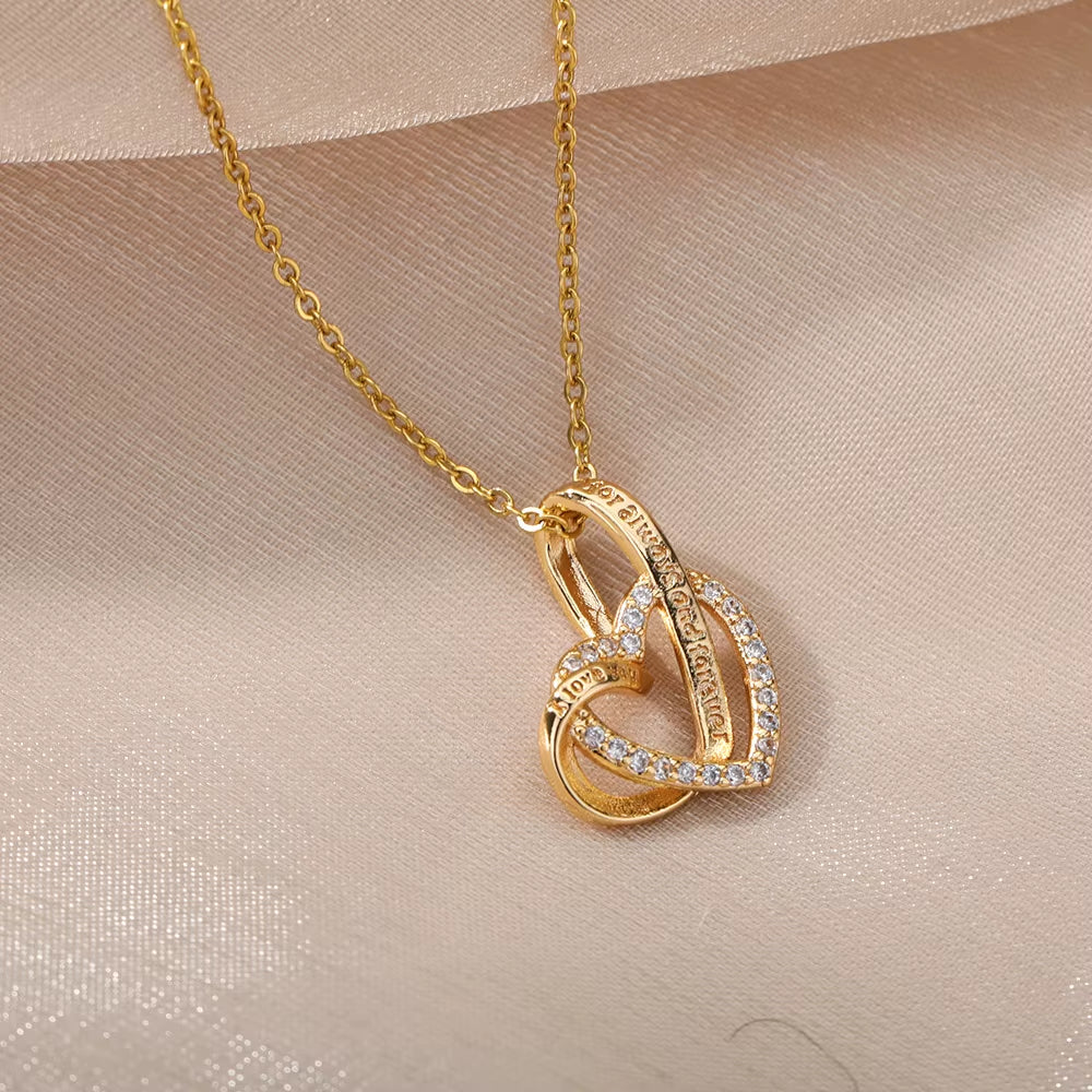 Double Love Heart Pendant Necklace for Women Stainless Steel Gold Color Necklaces Couple Jewelry Valentines Day Gift