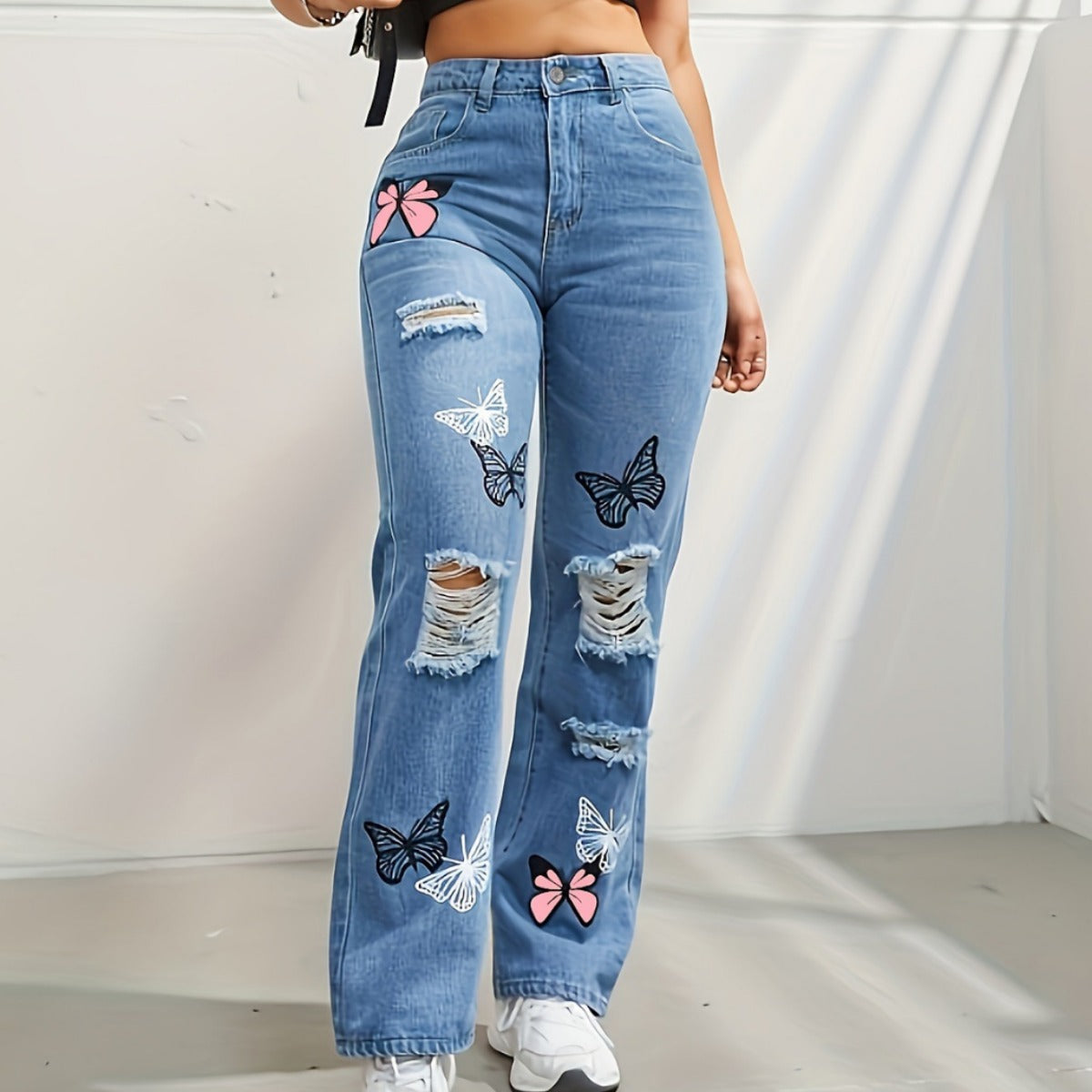 High Waisted Straight Leg Jeans for Women Trendy Butterfly Print Ripped Distressed Denim Pants