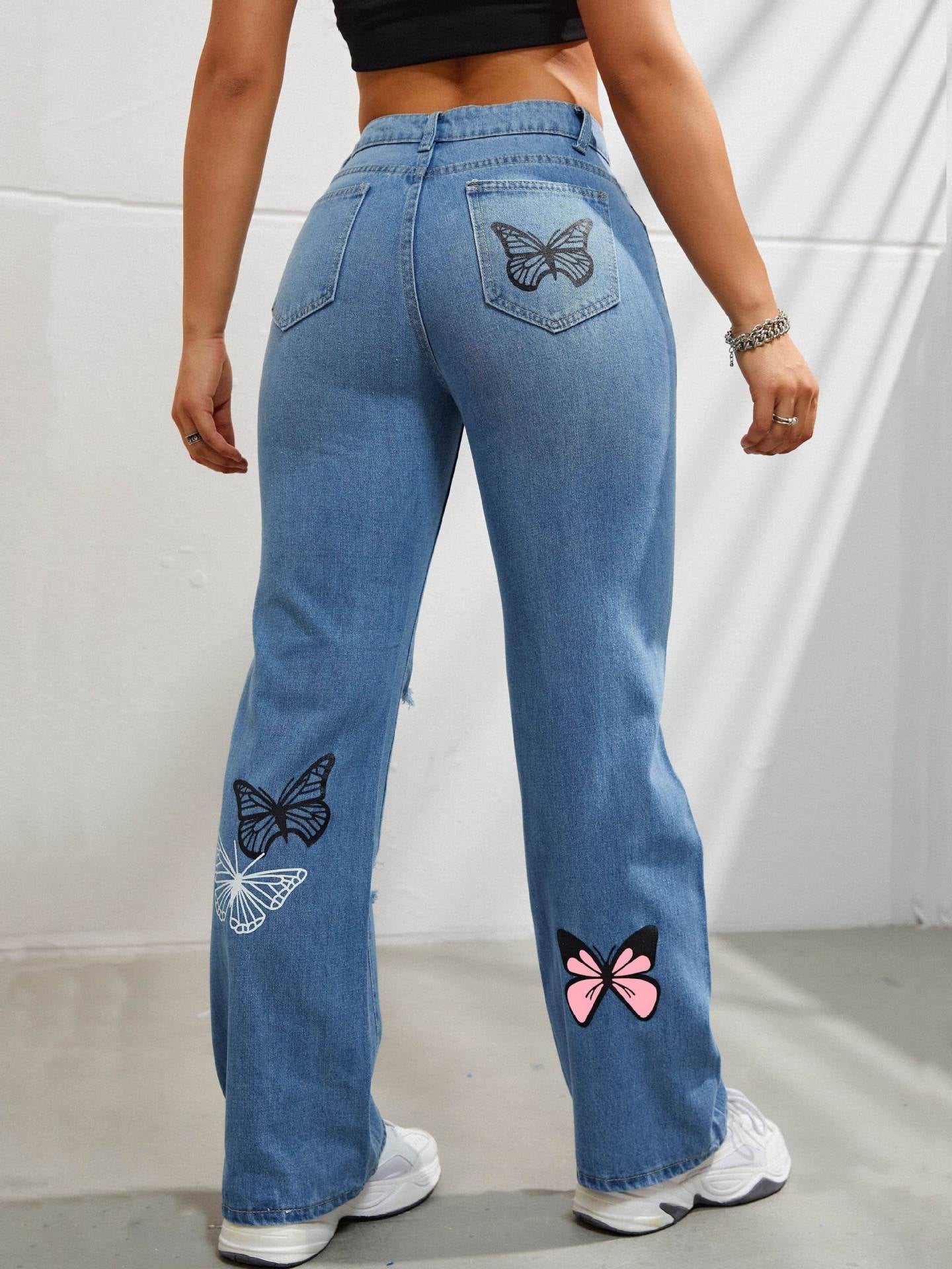 High Waisted Straight Leg Jeans for Women Trendy Butterfly Print Ripped Distressed Denim Pants